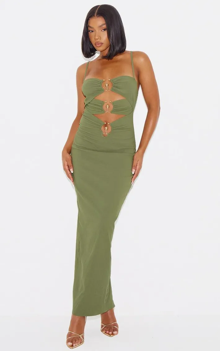 Olive Gold Trim Cut Out Maxi Dress