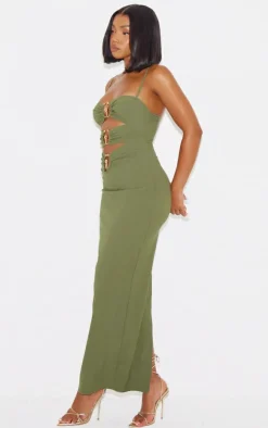 Olive Gold Trim Cut Out Maxi Dress