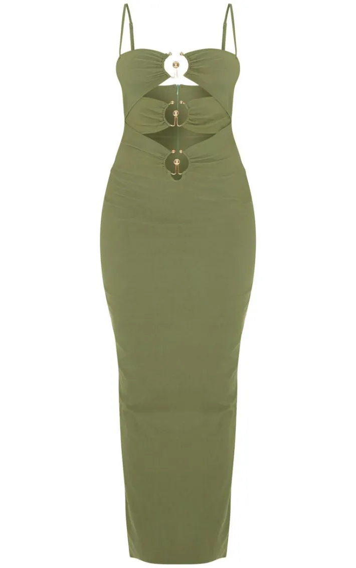 Olive Gold Trim Cut Out Maxi Dress