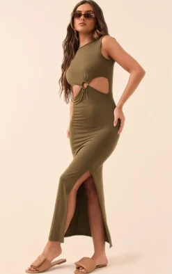 Olive Jersey Ring Detail Midaxi Dress