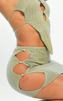 Olive Knit Pointelle Cut Out Diamante Skirt