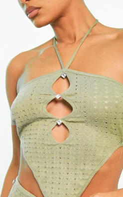 Olive Knit Pointelle Cut Out Diamante Scarf Top