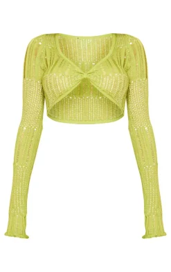 Olive Ladder Knit Long Sleeve Crop Top