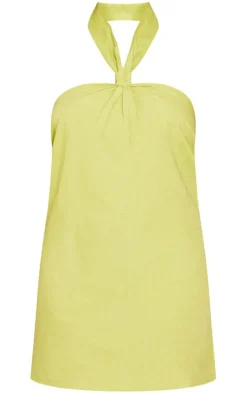 Olive Linen Look Knot Halterneck Shift Dress