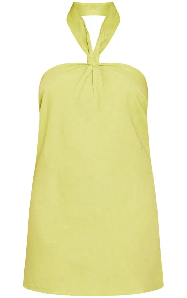 Olive Linen Look Knot Halterneck Shift Dress