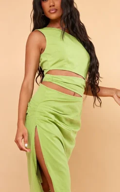 Olive Linen Look One Shoulder Cut Out Midi Dress