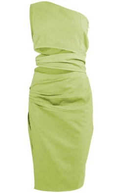 Olive Linen Look One Shoulder Cut Out Midi Dress