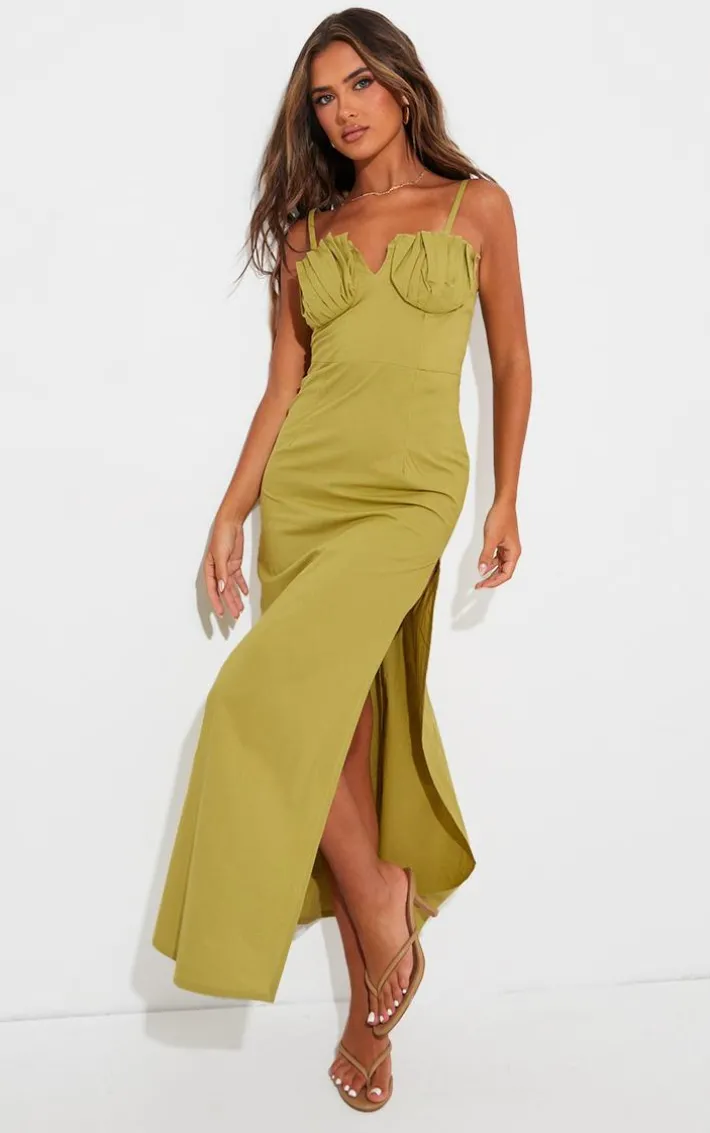 Olive Linen Look Pleated Bust Maxi Dress