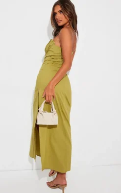Olive Linen Look Pleated Bust Maxi Dress