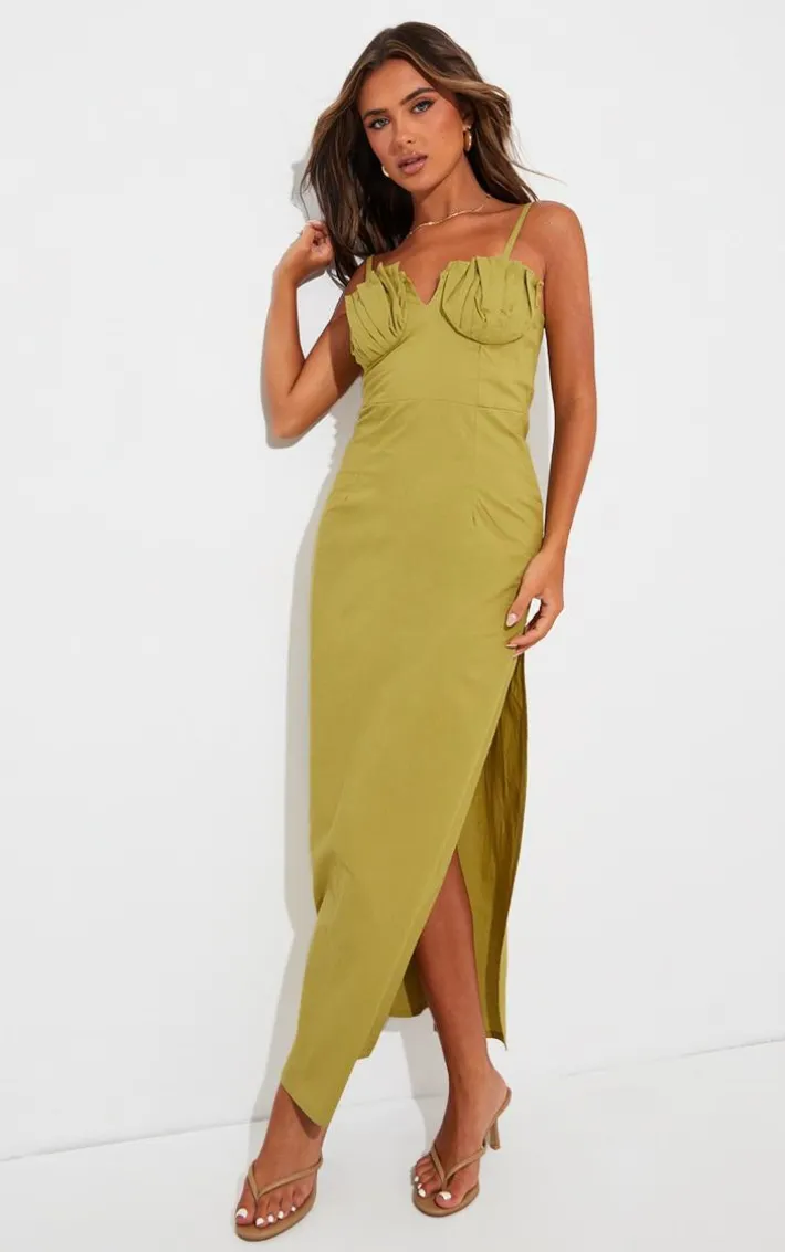 Olive Linen Look Pleated Bust Maxi Dress