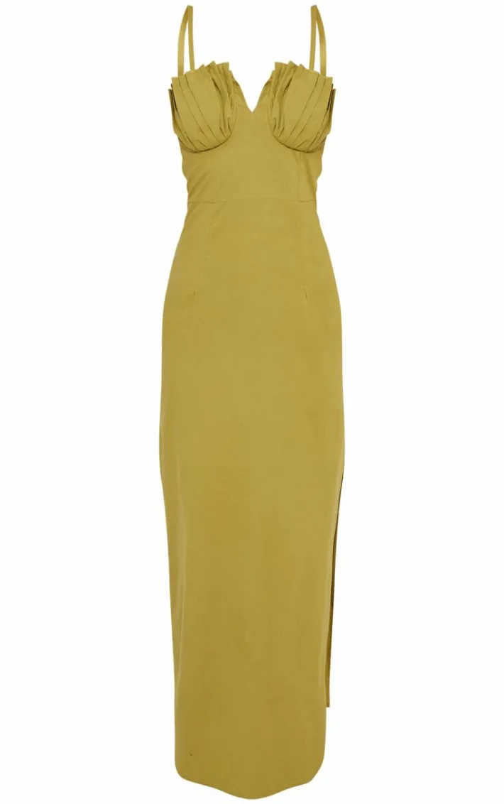 Olive Linen Look Pleated Bust Maxi Dress