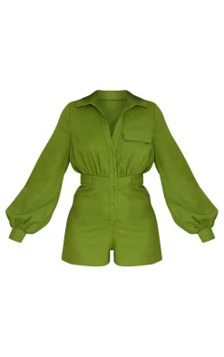 Olive Linen Look Shirt Romper