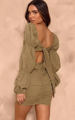 Olive Linen Look Tie Back Long Sleeve Bodycon Dress