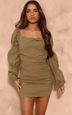 Olive Linen Look Tie Back Long Sleeve Bodycon Dress