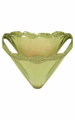 Olive Macrame Detail High Leg Bikini Bottoms