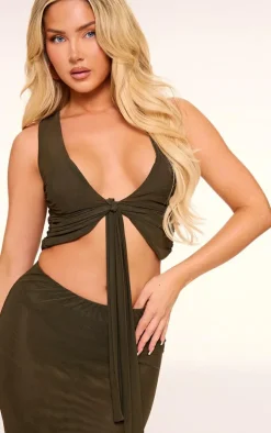 Olive Mesh Plunge Ruched Long Top