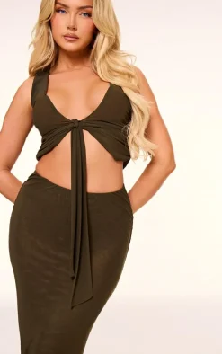 Olive Mesh Plunge Ruched Long Top