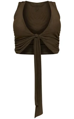 Olive Mesh Plunge Ruched Long Top