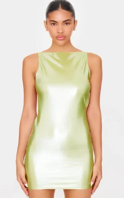Olive Metallic Crew Neck Mini Dress