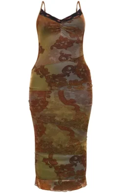 Olive Ombre Mesh Lace Trim Ruched Front Midaxi Dress