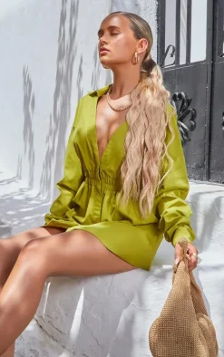 Olive Oversized Ruched Waist Shirt Dress