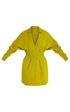 Olive Oversized Ruched Waist Shirt Dress