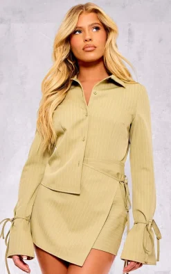 Olive Pinstripe Woven Tailored Wrap Over Skirt