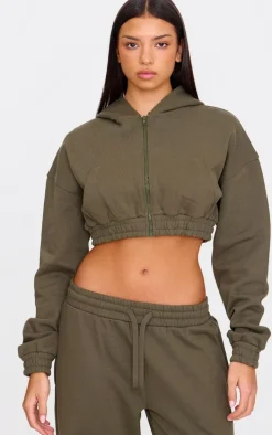 Olive Premium Cropped Waistband Detail Sweat Hoodie