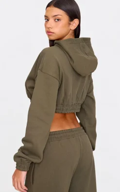 Olive Premium Cropped Waistband Detail Sweat Hoodie