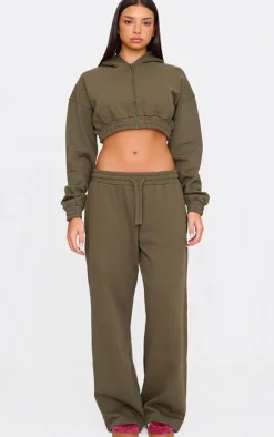 Olive Premium Cropped Waistband Detail Sweat Hoodie