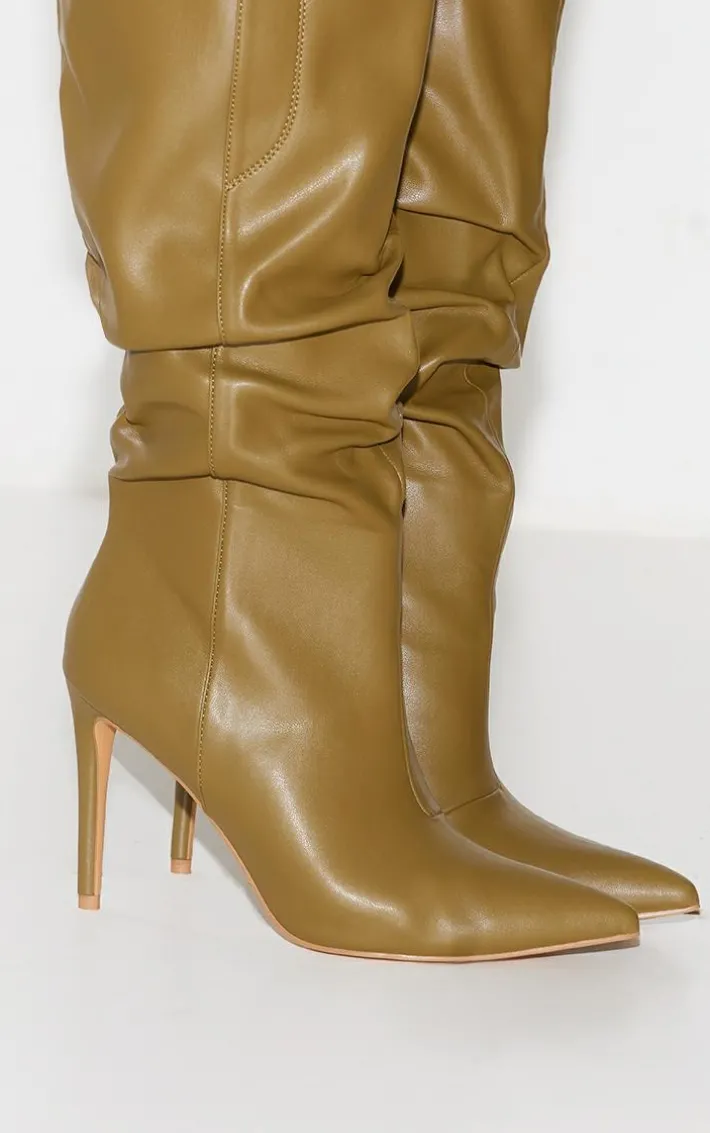 Olive PU Point Toe Ruched Button Detail Knee High Heeled Boots