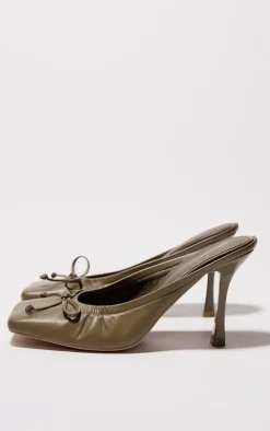 Olive PU Square Toe Bow Detail High Stiletto Heeled Mules