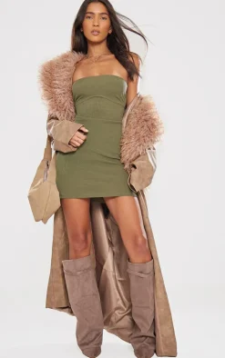 Olive Ribbed Bandeau Underbust Detail Bodycon Dress