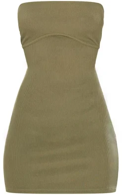 Olive Ribbed Bandeau Underbust Detail Bodycon Dress