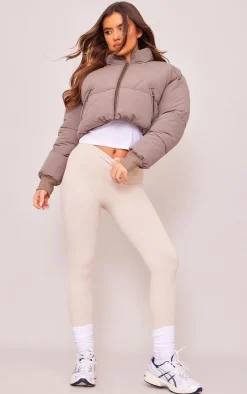 Olive Ribbed Cuff Peach Skin Cropped Puffer Jacket