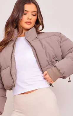 Olive Ribbed Cuff Peach Skin Cropped Puffer Jacket