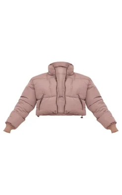 Olive Ribbed Cuff Peach Skin Cropped Puffer Jacket