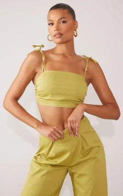 Olive Ruched Tie Strap Crop Top