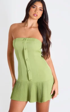 Olive Satin Bandeau Pleated Shift Dress