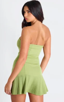 Olive Satin Bandeau Pleated Shift Dress