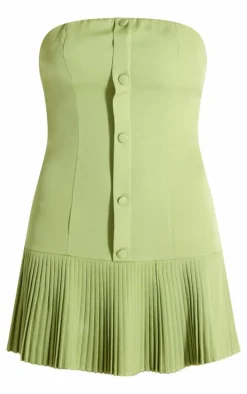 Olive Satin Bandeau Pleated Shift Dress