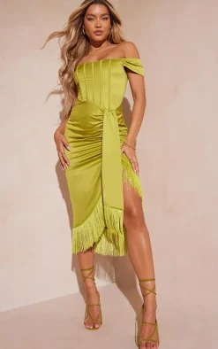 Olive Satin Bardot Tassel Hem Draped Midi Dress