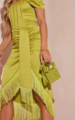 Olive Satin Bardot Tassel Hem Draped Midi Dress