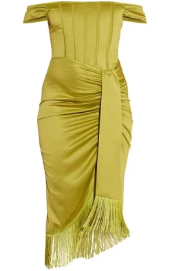 Olive Satin Bardot Tassel Hem Draped Midi Dress