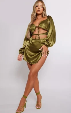 Olive Satin Cut Out Tie Detail Shift Dress