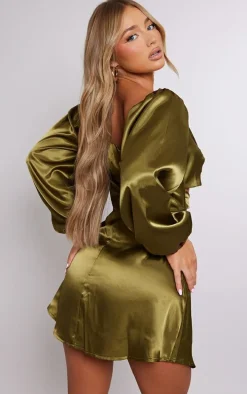 Olive Satin Cut Out Tie Detail Shift Dress