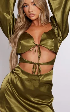 Olive Satin Cut Out Tie Detail Shift Dress