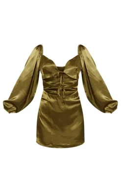 Olive Satin Cut Out Tie Detail Shift Dress