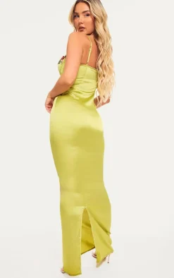 Olive Satin Floral Applique Underwired Strappy Maxi Dress