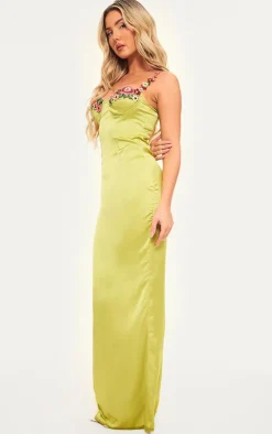 Olive Satin Floral Applique Underwired Strappy Maxi Dress